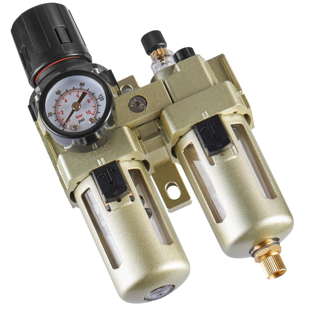 VEVOR Air Compressor Filter Regulator Lubricator (FRL), 3/8" NPT Air Compressor Water Separator, Semi-Auto Drain Air-Drying System with 5μm Brass Filter Element, 145PSI Max Working Pressure, Poly Bowl