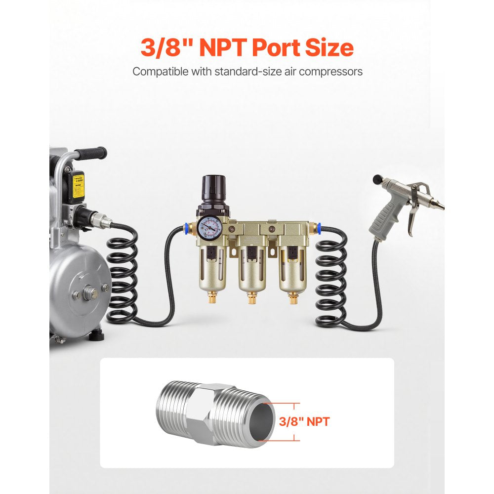 VEVOR Air Compressor Filter Regulator, 3/8" NPT 3-Stage Air Compressor Water Separator with 5μm/1μm/0.01μm Micron Filter Elements, Semi Auto Drain Air-Drying System 145PSI Max Pressure, Poly Bowl