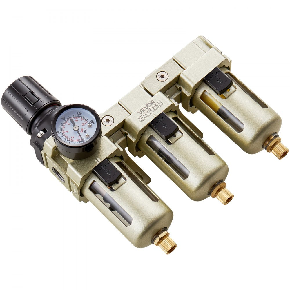 VEVOR Air Compressor Filter Regulator, 3/8" NPT 3-Stage Air Compressor Water Separator with 5μm/1μm/0.01μm Micron Filter Elements, Semi Auto Drain Air-Drying System 145PSI Max Pressure, Poly Bowl