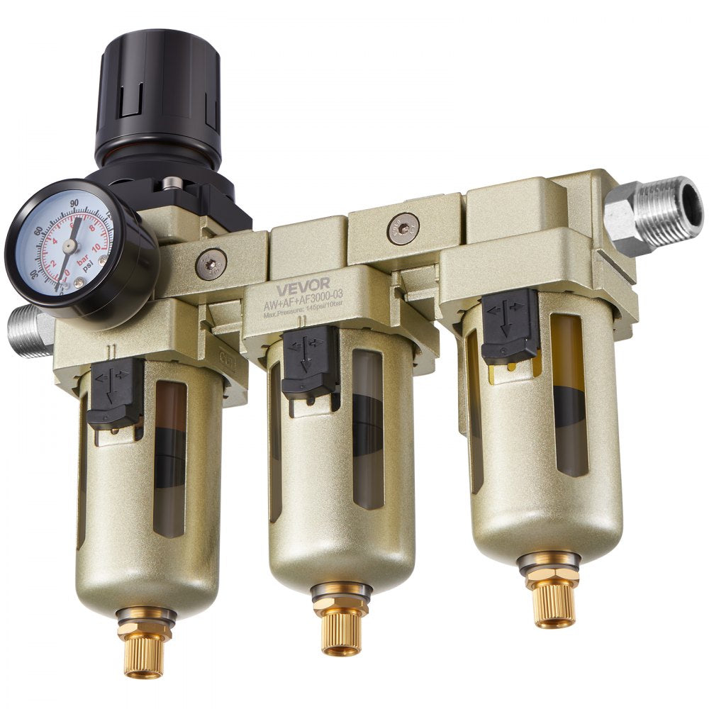 VEVOR Air Compressor Filter Regulator, 3/8" NPT 3-Stage Air Compressor Water Separator with 5μm/1μm/0.01μm Micron Filter Elements, Semi Auto Drain Air-Drying System 145PSI Max Pressure, Poly Bowl