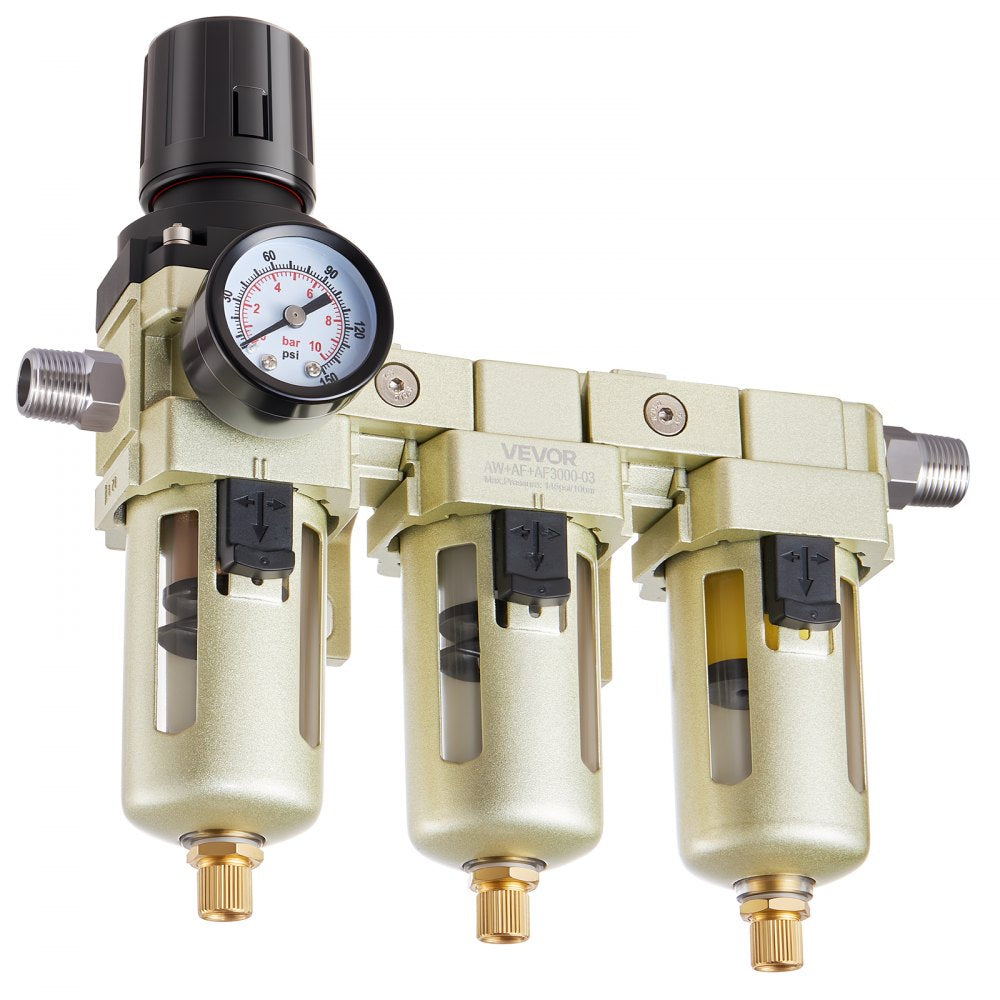 VEVOR Air Compressor Filter Regulator, 3/8" NPT 3-Stage Air Compressor Water Separator with 5μm/1μm/0.01μm Micron Filter Elements, Semi Auto Drain Air-Drying System 145PSI Max Pressure, Poly Bowl