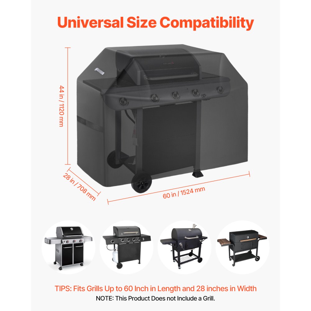 VEVOR Grill Cover, 60 inch BBQ Covers for Outdoor Grills, Waterproof, Fade Resistant, Weather Resistant Heavy Duty 600D Polyester, Easy On/Off, with Hook-and-Loop Straps, Black
