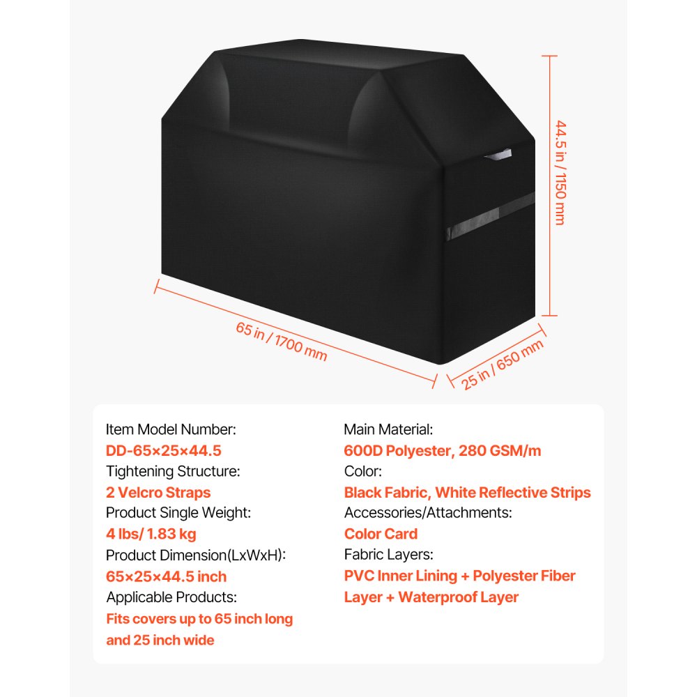 VEVOR Grill Cover, 65 inch BBQ Covers for Outdoor Grills, Waterproof, Fade Resistant, Weather Resistant Heavy Duty 600D Polyester, Easy On/Off, with Hook-and-Loop Straps, Black