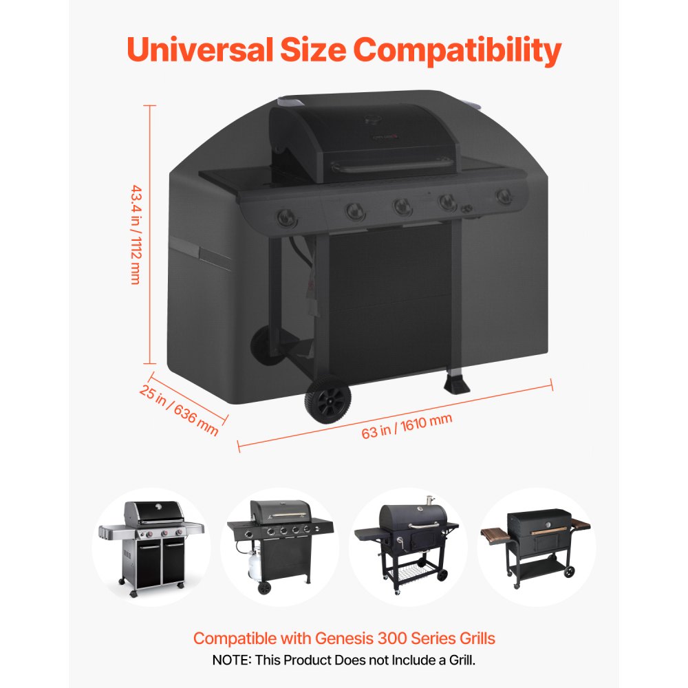 VEVOR Grill Cover, 63 inch BBQ Covers for Outdoor Grills, Waterproof, Fade Resistant, Weather Resistant Heavy Duty 600D Polyester, Easy On/Off, with Hook-and-Loop Straps, Black
