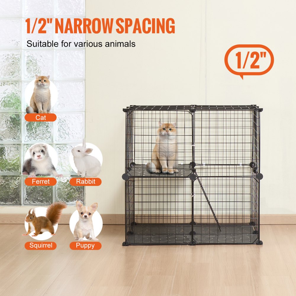 VEVOR Large 2-tier Cat Cage, 28 x 28 x 28", DIY Detachable Metal Wire Cat Enclosure, with Ramp Ladder Adjustable Resting Platform, Crate Large Indoor ＆ Outdoor Exercise Place for Small Animals, Black