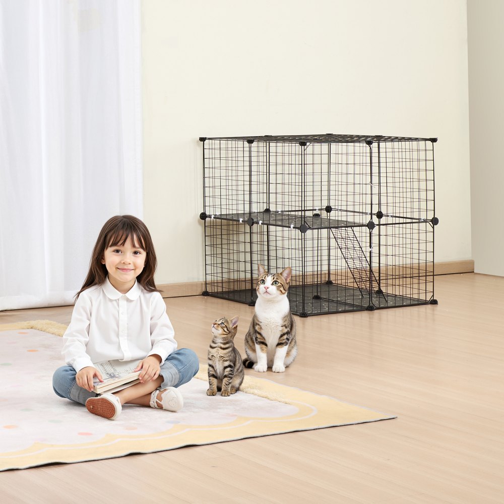 VEVOR Large 2-tier Cat Cage, 28 x 28 x 28", DIY Detachable Metal Wire Cat Enclosure, with Ramp Ladder Adjustable Resting Platform, Crate Large Indoor ＆ Outdoor Exercise Place for Small Animals, Black