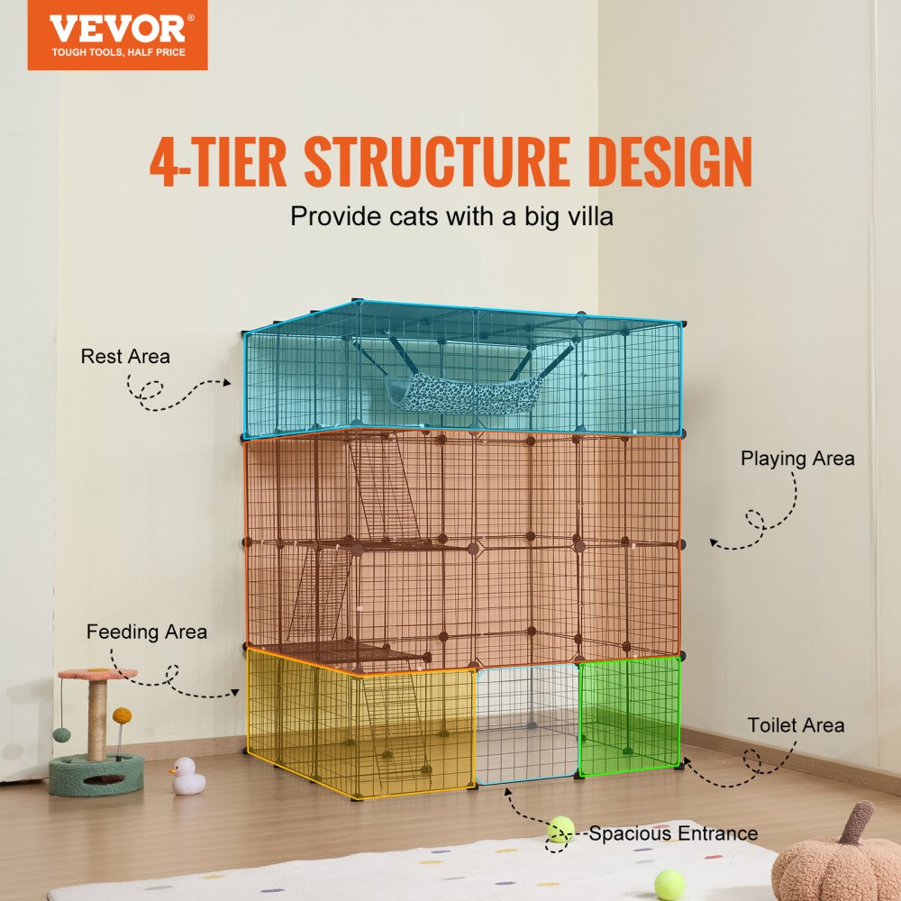 VEVOR Large 4-tier Cat Cage, 41 x 41 x 55", Detachable Metal Wire Cat Enclosure, with 4 Front Doors Hammock Ramp ladders, Indoor & Outdoor Crate Exercise Place Ideal for Kitty, Small Animals, Black