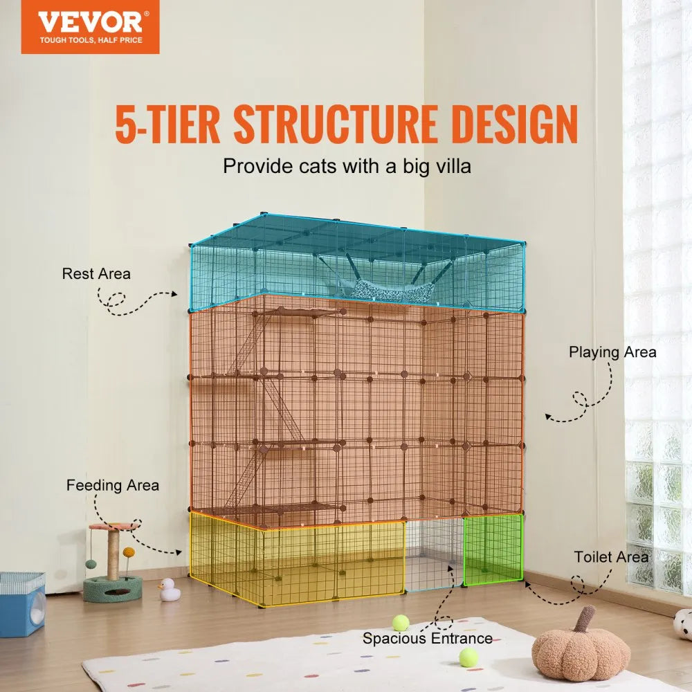 VEVOR Large 4-tier Cat Cage, 54 x 41 x 69", Detachable Metal Wire Cat Enclosure, with 5 Front Doors Hammock Ramp ladders, Indoor & Outdoor Crate Exercise Place Ideal for Kitty, Small Animals, Black