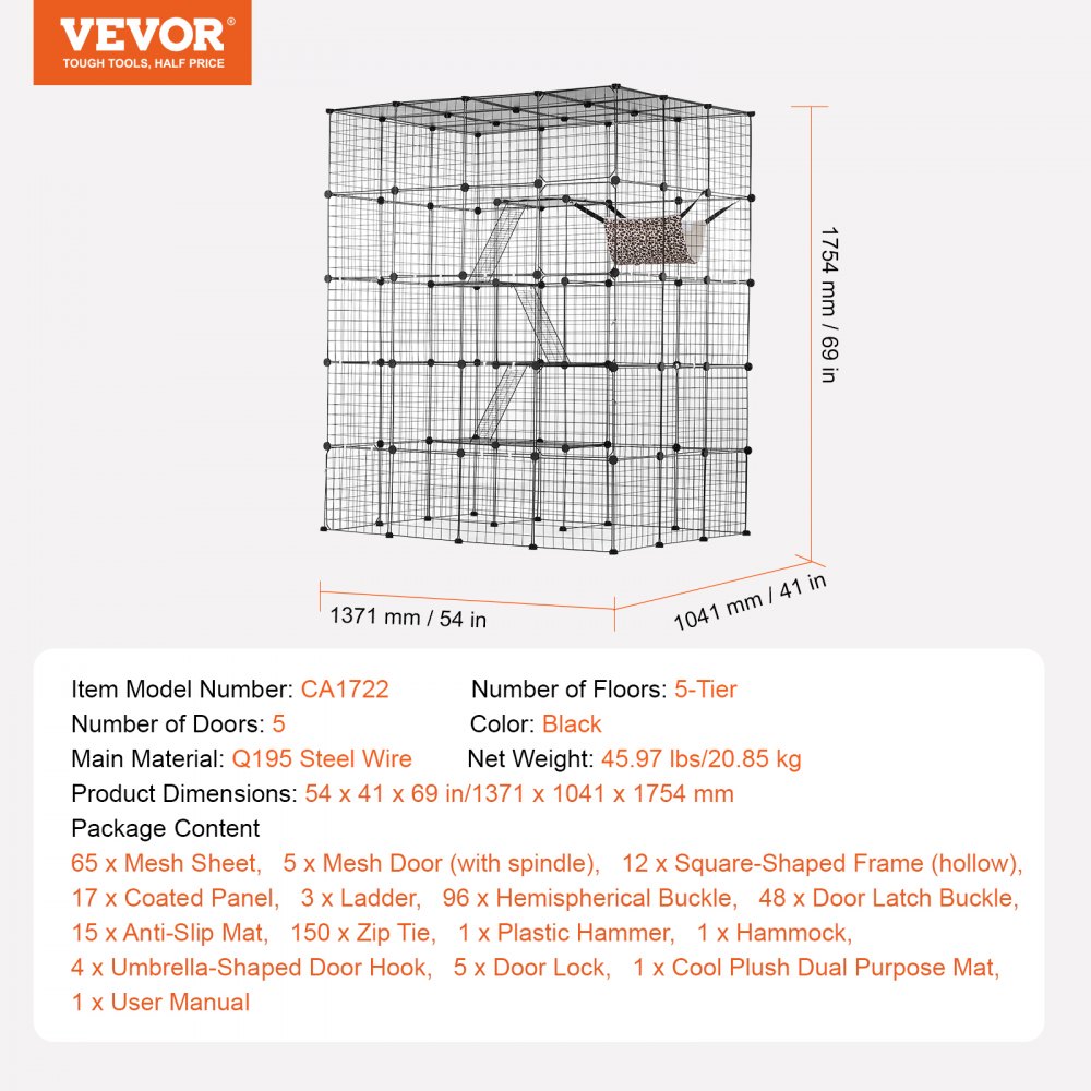 VEVOR Large 4-tier Cat Cage, 54 x 41 x 69", Detachable Metal Wire Cat Enclosure, with 5 Front Doors Hammock Ramp ladders, Indoor & Outdoor Crate Exercise Place Ideal for Kitty, Small Animals, Black