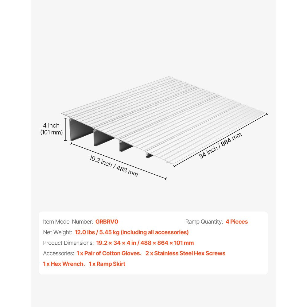 VEVOR Door Threshold Ramp, 4 inch Rise, Aluminum Alloy Threshold Ramp Rated 800 lbs Load Capacity, Handicap Ramps for Home Steps for Wheelchair, Scooters, Power Chairs, Walkers, Bicycle, Tricycle