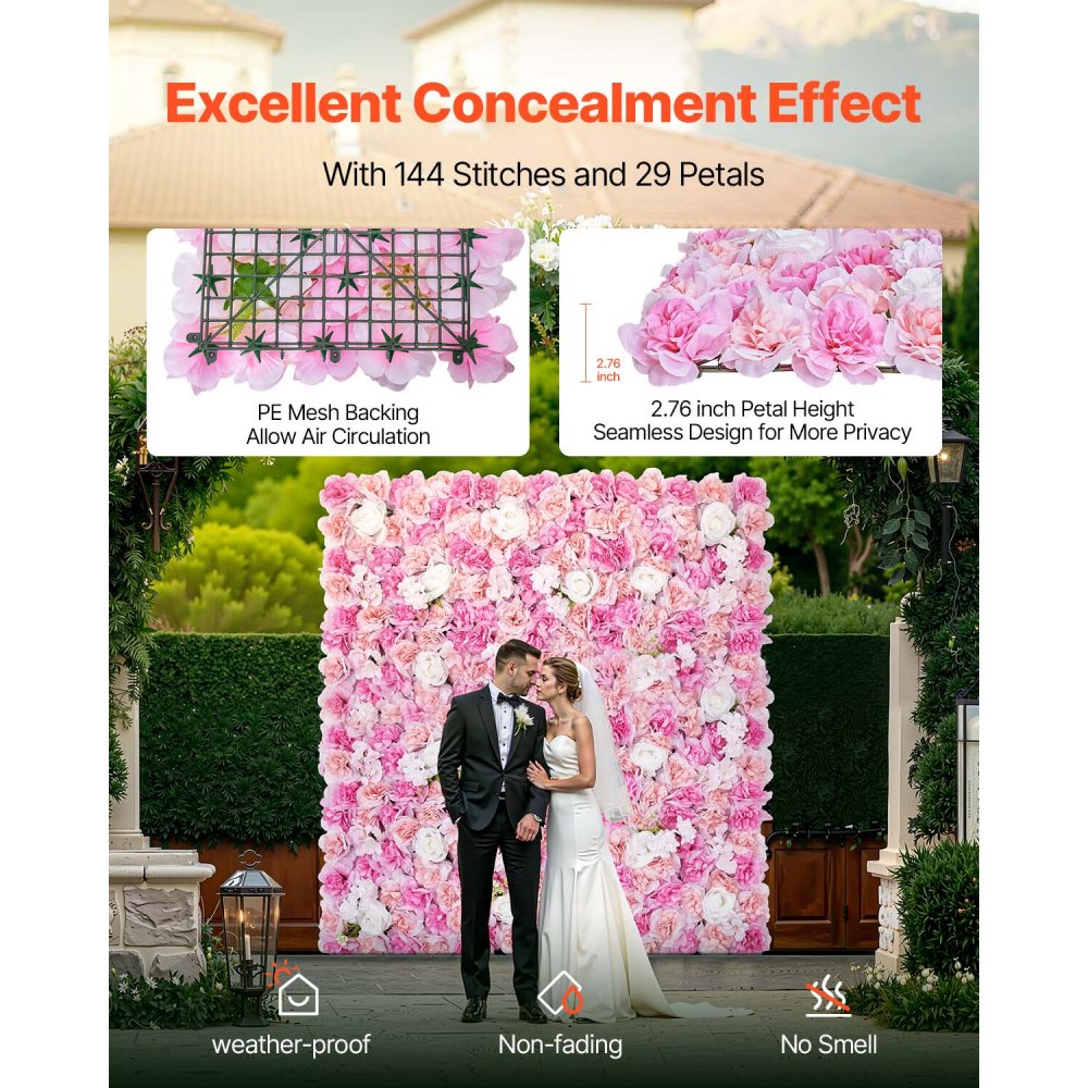 VEVOR 3D Flower Wall Panel, 12 PCS 15 x 15 inch, Artificial Floral Wall Background Mesh Backing Mat,Seamless Design&Easy Installation for Wedding Valentines Day Home Baby Party Backdrop Decor,Pink