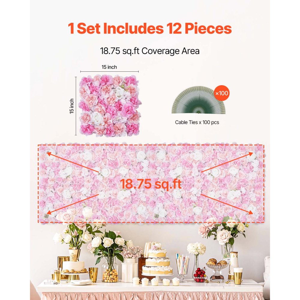 VEVOR 3D Flower Wall Panel, 12 PCS 15 x 15 inch, Artificial Floral Wall Background Mesh Backing Mat,Seamless Design&Easy Installation for Wedding Valentines Day Home Baby Party Backdrop Decor,Pink