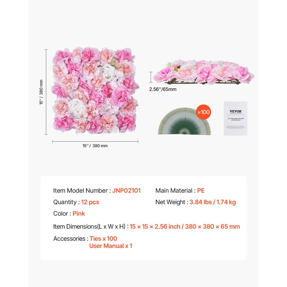 VEVOR 3D Flower Wall Panel, 12 PCS 15 x 15 inch, Artificial Floral Wall Background Mesh Backing Mat,Seamless Design&Easy Installation for Wedding Valentines Day Home Baby Party Backdrop Decor,Pink