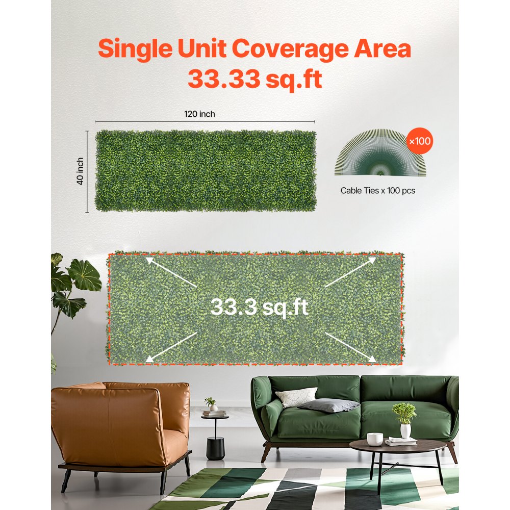 VEVOR Artificial Grass Wall Panels, 40 x 120 inch, Milan Grass Greenery Boxwood Panel for Indoor Outdoor Green Decor & Ivy Fence Covering, Privacy Backdrop Wall Hedge Screen for Garden