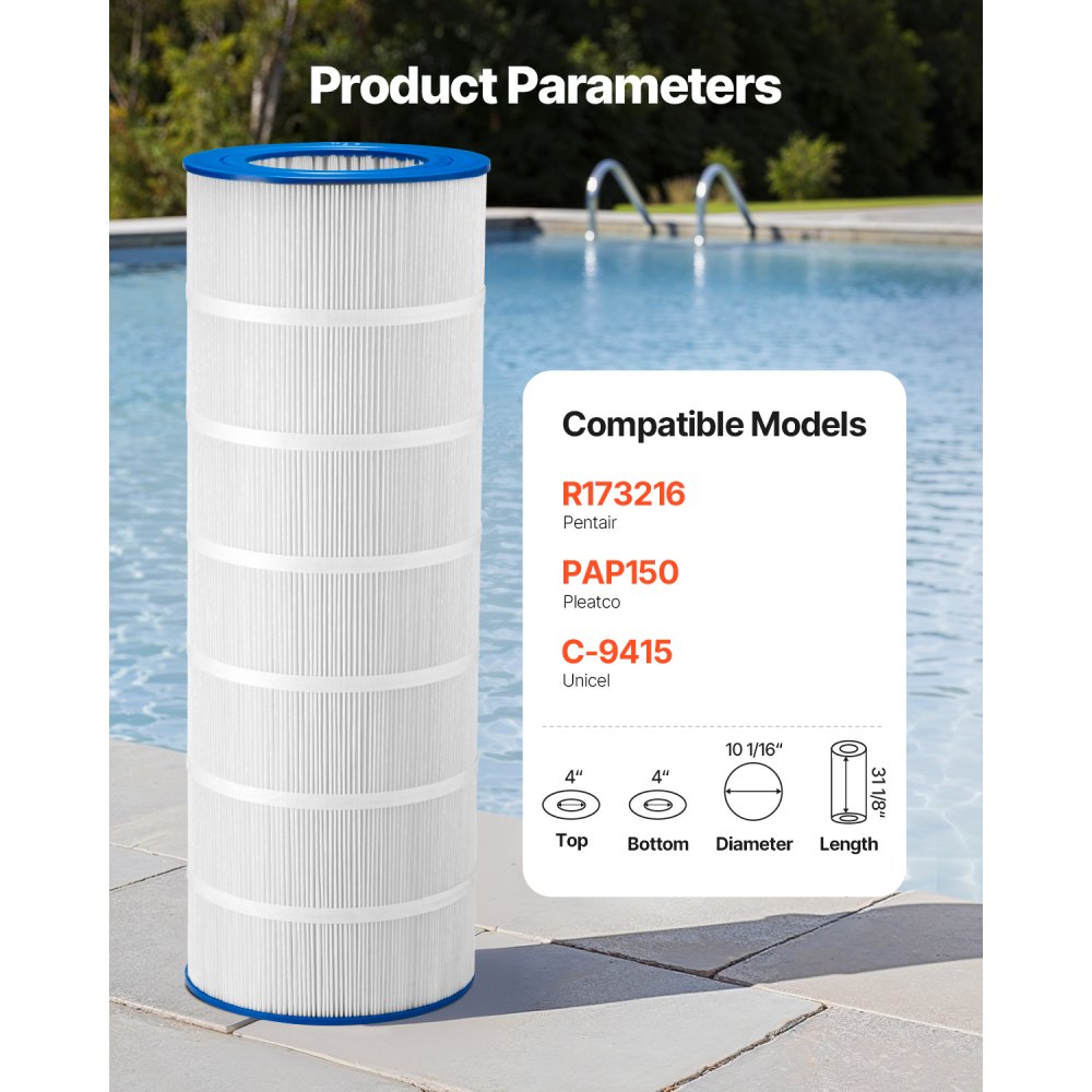 VEVOR Pool Filter Cartridge, 150 Sq. Ft Spa Hot Tub Filter Cartridge Replacement, Compatible with Pentair R173216, Pleatco PAP150, Secure for Kids & Pet, Trilobal Pleated, Easy to Clean