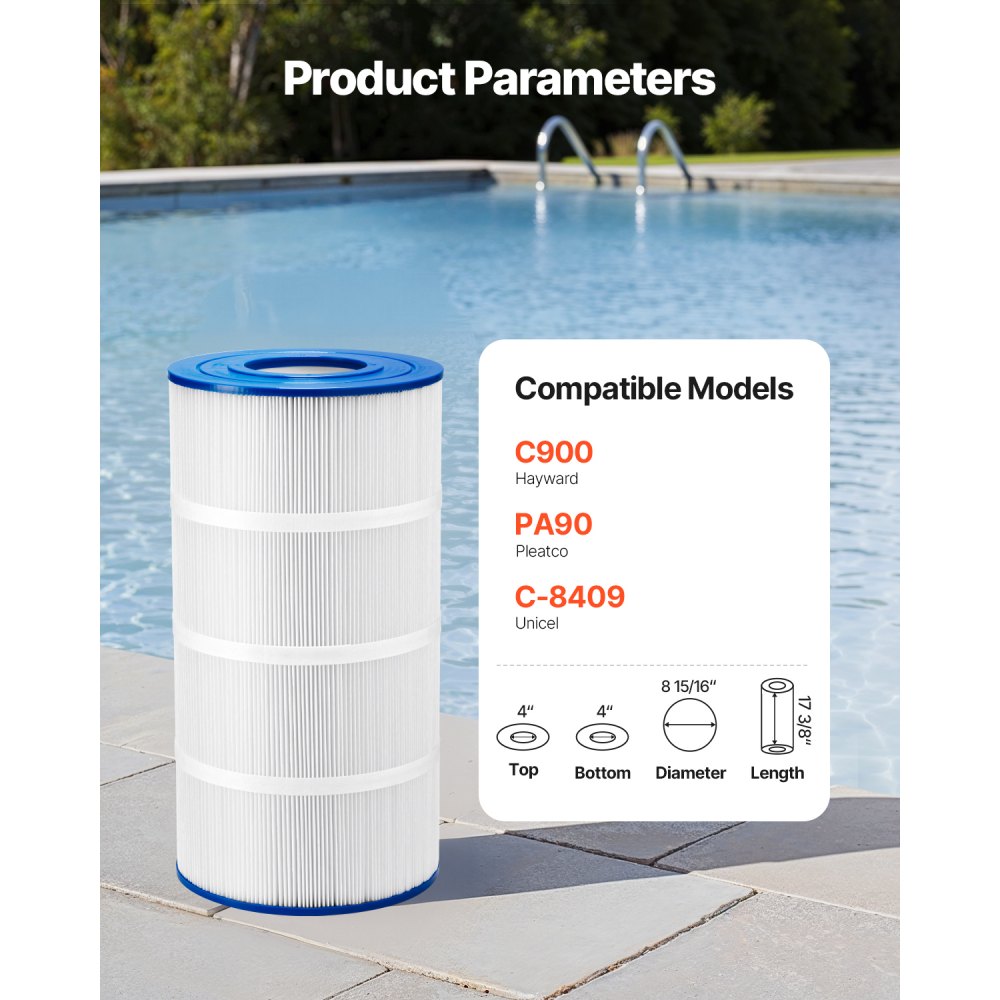 VEVOR Pool Filter Cartridge, 90 Sq. Ft Spa Hot Tub Filter Cartridge Replacement, Compatible with Hayward C900, Hayward CX900RE, Secure for Kids & Pet, Trilobal Pleated, Easy to Clean