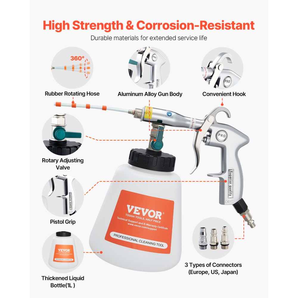 VEVOR Car Cleaning Gun, 6-9.2 Bar High-Pressure Air Blow Gun with 2 Set Nozzles & 1L Liquid Bottle, Vortex Cleaning Gun, Quickly Blasts Dirt and Dust from Surface, Work with 1/4 NPT Air Compressor