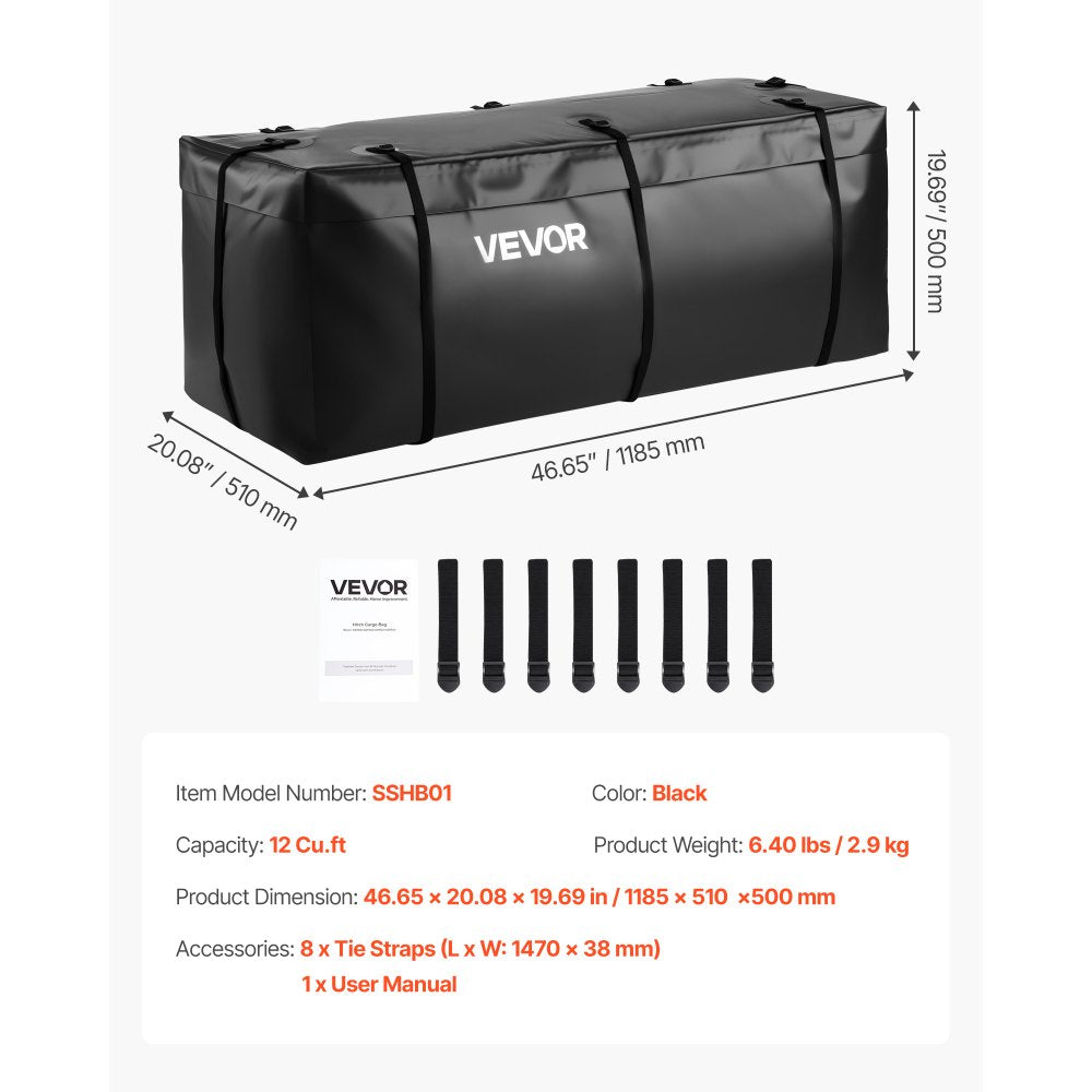 VEVOR Hitch Cargo Carrier Bag, Waterproof 840D PVC, 46.65 x 20.08 x 19.69 in (12 Cubic Feet), Heavy Duty Cargo Bag for Truck Bed Storage with Reinforced Straps, Suitable for Car SUV Vans Hitch Basket