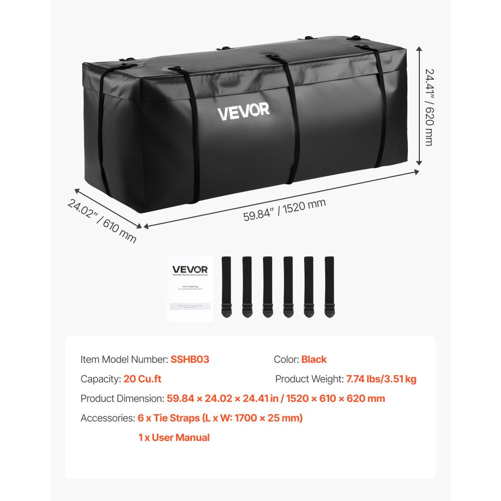 VEVOR Hitch Cargo Carrier Bag, Waterproof 840D PVC, 59.84 x 24.02 x 24.41 in (20 Cubic Feet), Heavy Duty Cargo Bag for Truck Bed Storage with 6 Reinforced Straps, Suitable for Car Vans Hitch Basket