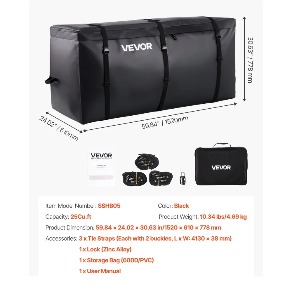 VEVOR Hitch Cargo Carrier Bag, Waterproof 840D PVC, 59.84 x 24.02 x 30.63 in (25 Cubic Feet), Heavy Duty Cargo Bag for Truck Bed Storage with Reinforced Straps, Suitable for Car SUV Vans Hitch Basket