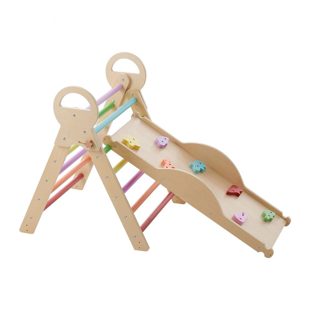 VEVOR Pikler Triangle Set, 9-in-1 Toddler Climbing Toys Indoor, with 2 Wooden Cars, Cushion, Triangle, Arch, and Ramp, 150 lbs Load, Foldable Montessori Climbing Set for Toddlers and Kids, Rainbow