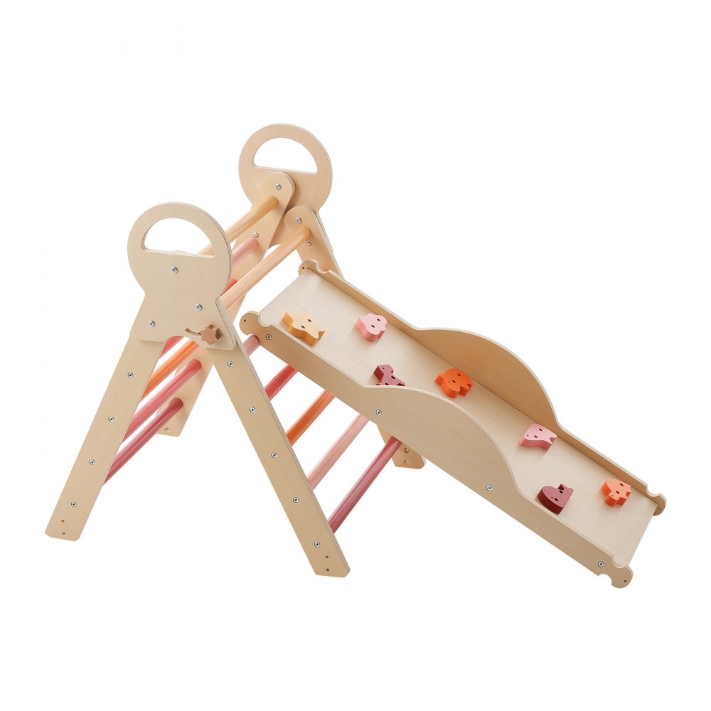 VEVOR Pikler Triangle Set, 9-in-1 Toddler Climbing Toys Indoor, with 2 Wooden Cars, Cushion, Triangle, Arch, and Ramp, 150 lbs Load, Foldable Montessori Climbing Set for Toddlers and Kids, Orange