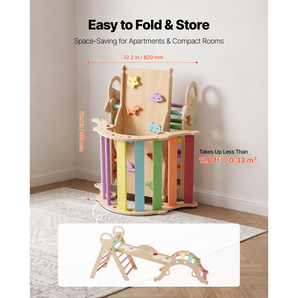 VEVOR Pikler Triangle Set, 9-in-1 Toddler Climbing Toys Indoor, with Xylophone, Cushion, Triangle, Arch, and Ramp, 150 lbs Load, Foldable Montessori Climbing Set for Toddlers and Kids, Rainbow
