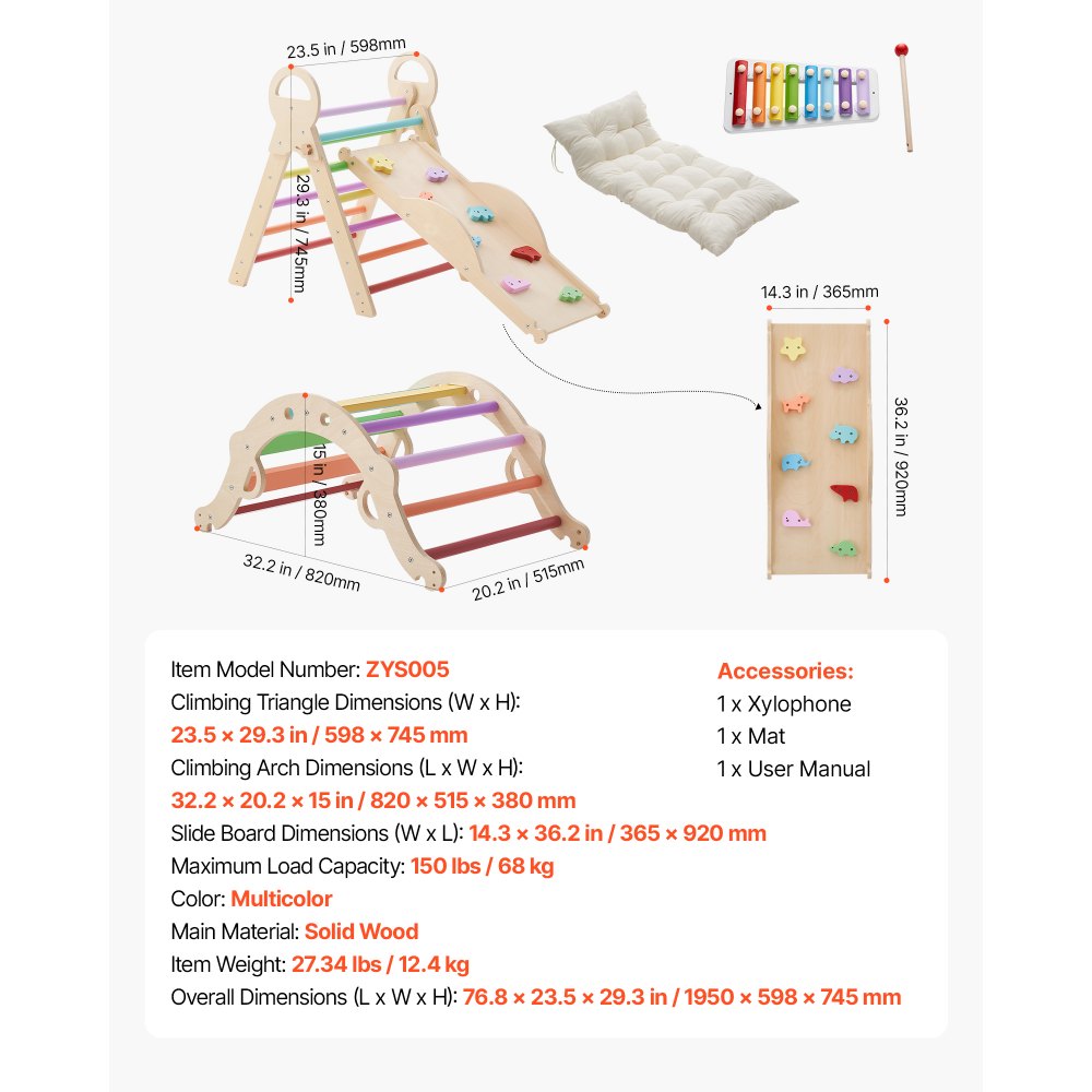 VEVOR Pikler Triangle Set, 9-in-1 Toddler Climbing Toys Indoor, with Xylophone, Cushion, Triangle, Arch, and Ramp, 150 lbs Load, Foldable Montessori Climbing Set for Toddlers and Kids, Rainbow
