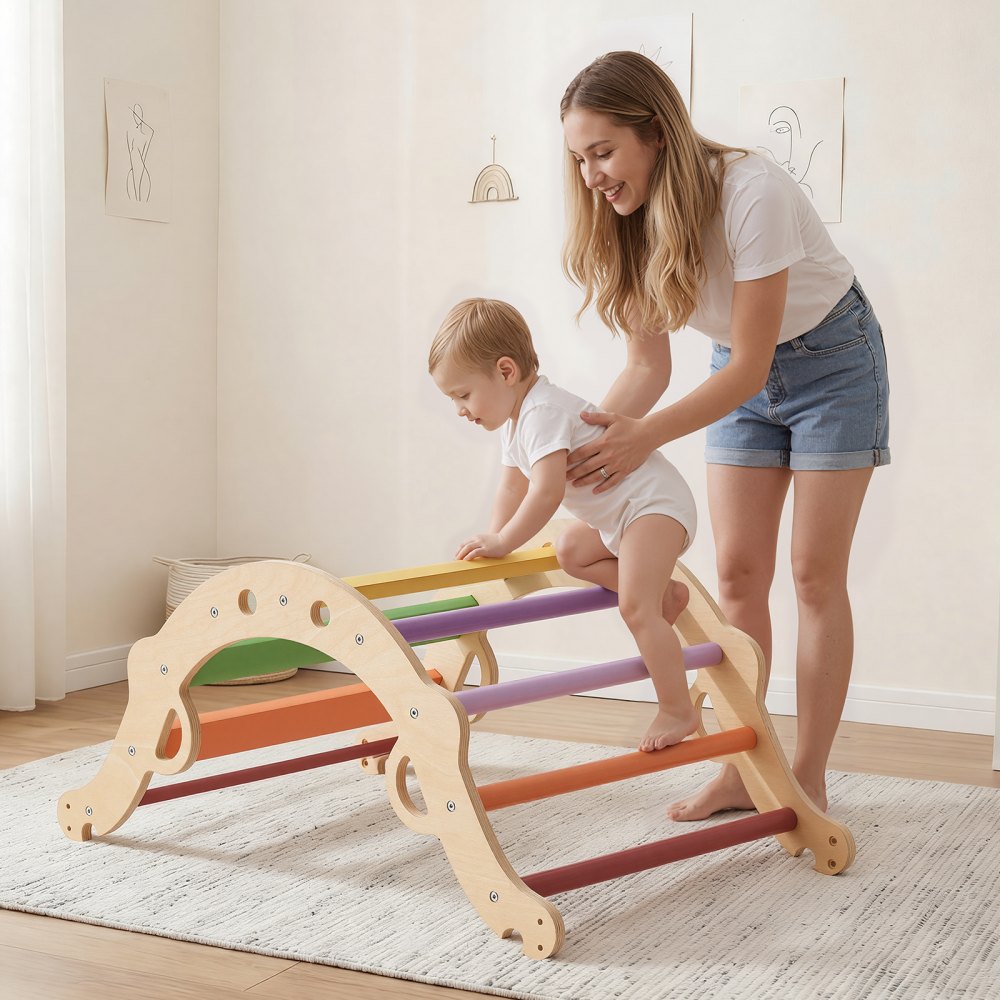 VEVOR Pikler Triangle Set, 9-in-1 Toddler Climbing Toys Indoor, with Xylophone, Cushion, Triangle, Arch, and Ramp, 150 lbs Load, Foldable Montessori Climbing Set for Toddlers and Kids, Rainbow