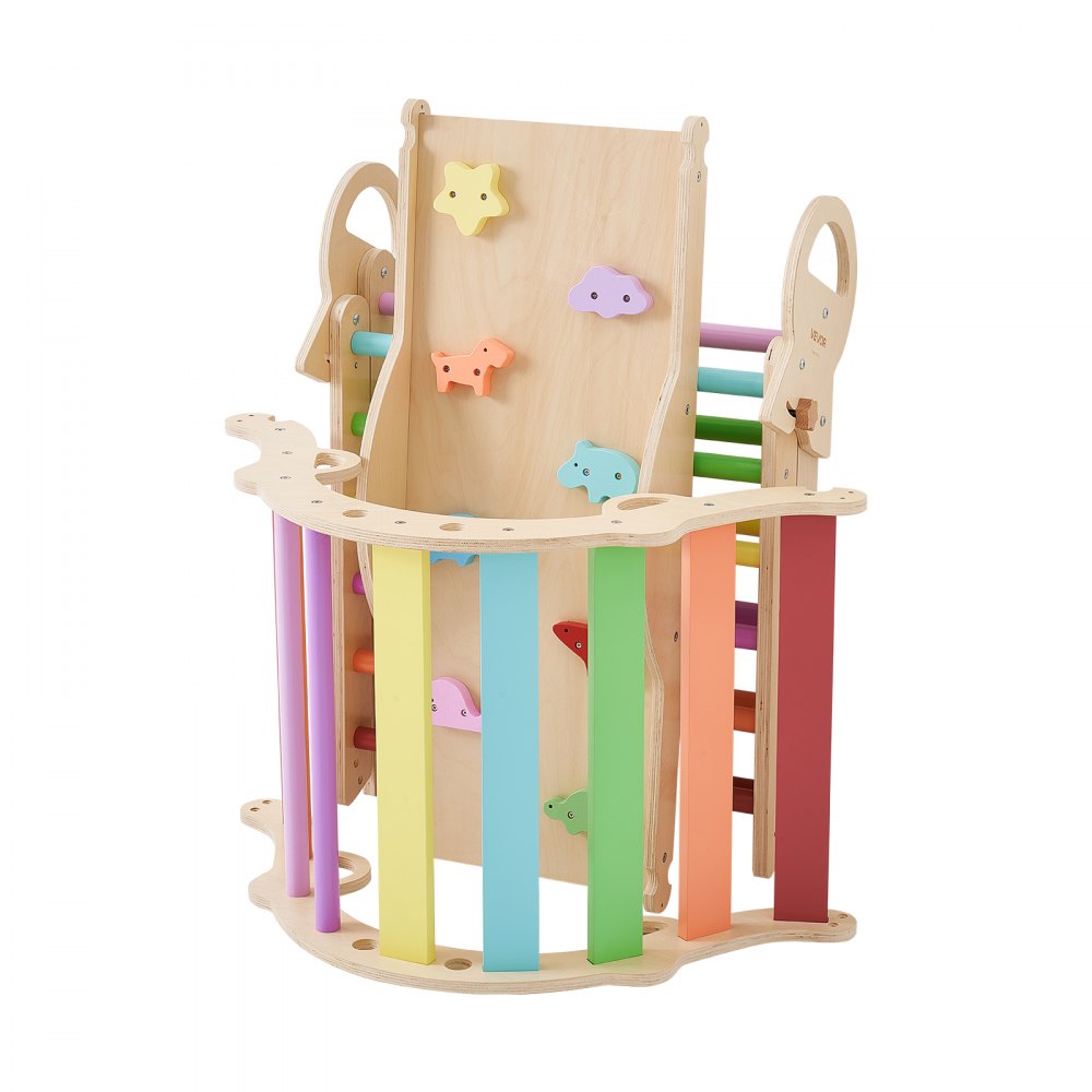 VEVOR Pikler Triangle Set, 9-in-1 Toddler Climbing Toys Indoor, with Xylophone, Cushion, Triangle, Arch, and Ramp, 150 lbs Load, Foldable Montessori Climbing Set for Toddlers and Kids, Rainbow