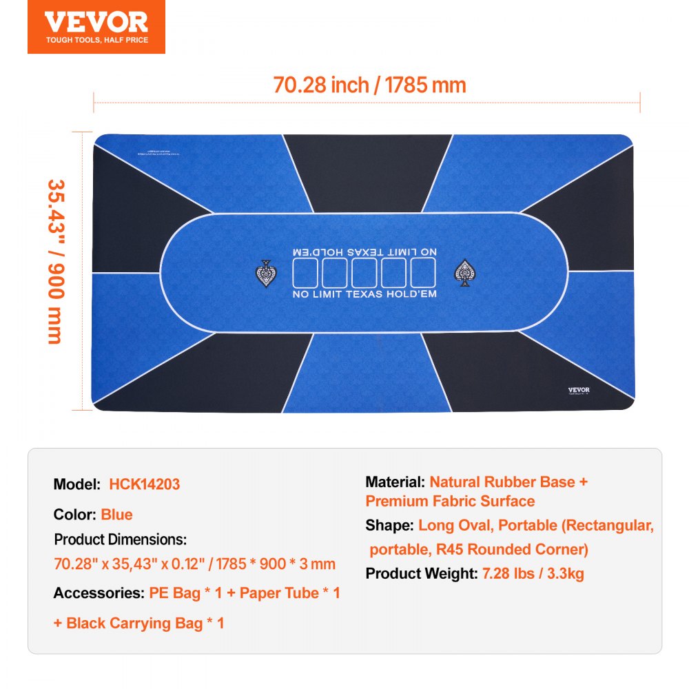 VEVOR Poker Table Top, 70 x 35 Inch Poker Mat for Table, 6-8 Players Foldable Poker Table Top with Carrying Bag, Folding Poker Table Topper for Poker Games, Poker Room, Rectangle, Blue