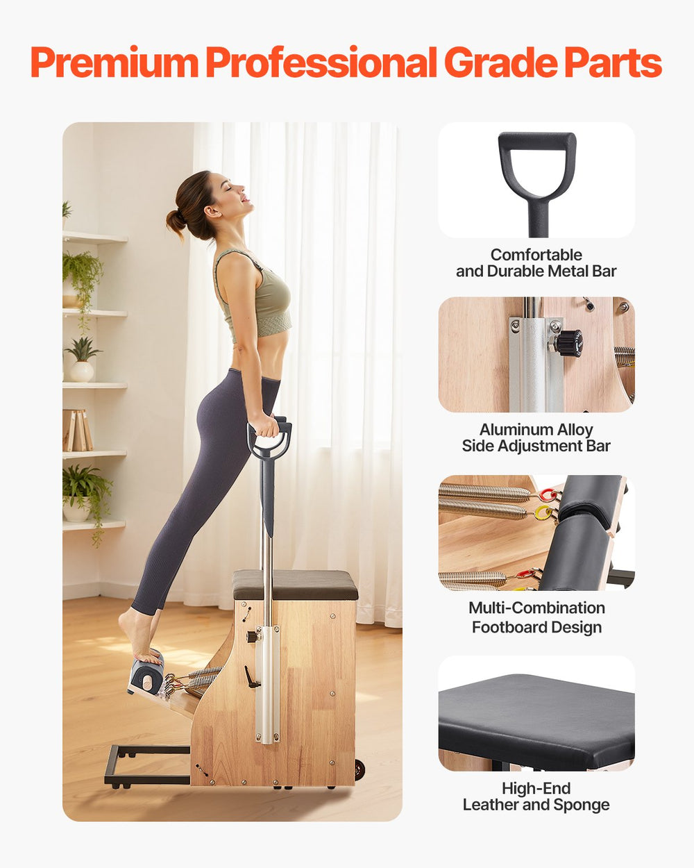 Premium professional grade parts - metal bar, side adjustment bar, footboard, padded seat