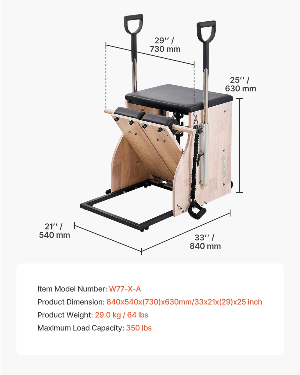 Pilates chair dimensions and model number W77-X-A - 33 x 21 x (29) x 25 in; 64 lb; 350 lb capacity