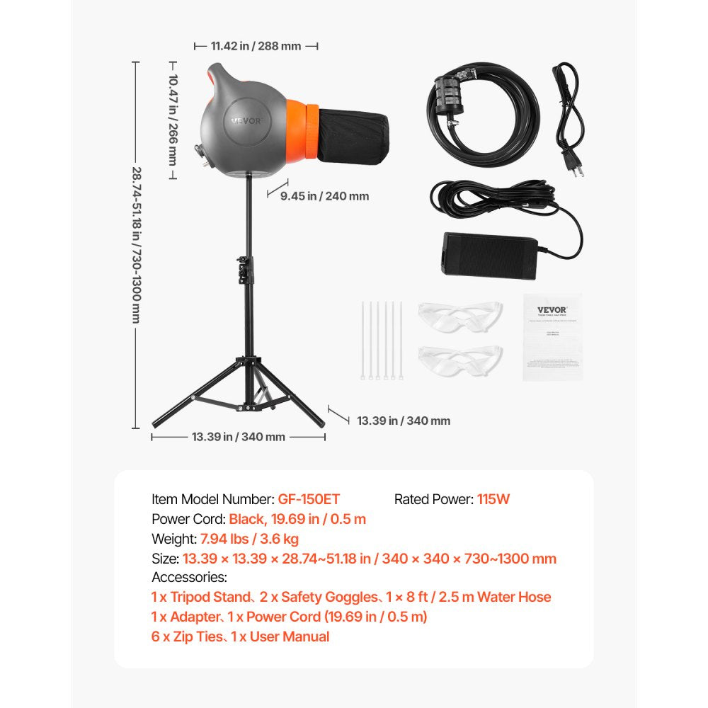 VEVOR Foam Machine, 115 W Party Foam Cannon, Portable Foam Maker with a Tripod Stand, Powerful Foam Party Machine, for Backyard, Pool, Outdoor Events, Birthdays, Celebrations and Party, Grey & Orange