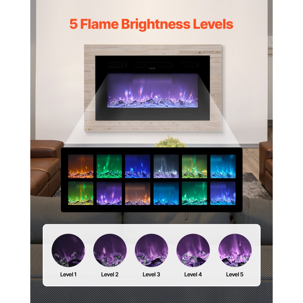 VEVOR 36 inch Electric Fireplace, Wall Mounted Recessed Fire Place with Remote Control, Timer, 1500W, Adjustable Flame Color Brightness, Touch Screen, Overheat Protection, for Living Room,Bedroom