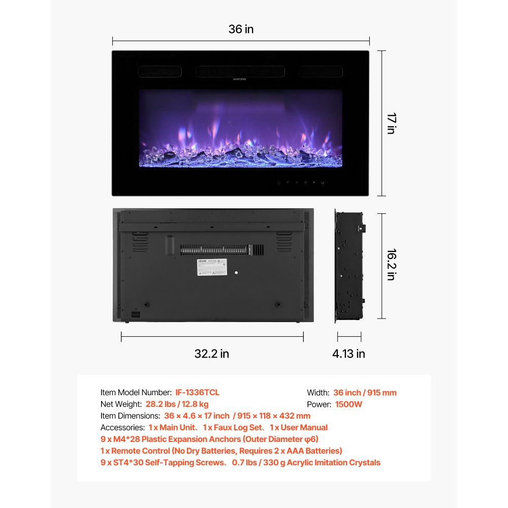 VEVOR 36 inch Electric Fireplace, Wall Mounted Recessed Fire Place with Remote Control, Timer, 1500W, Adjustable Flame Color Brightness, Touch Screen, Overheat Protection, for Living Room,Bedroom