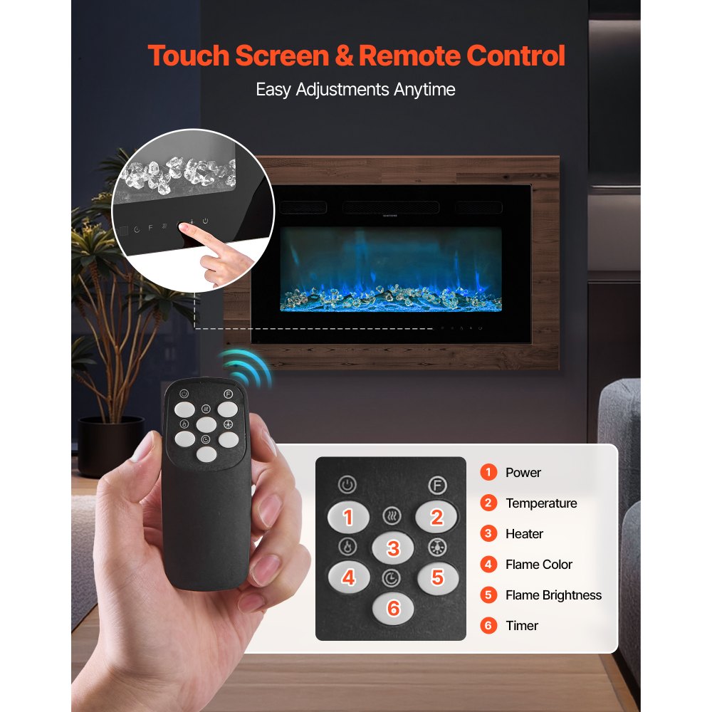 VEVOR 42 inch Electric Fireplace, Wall Mounted Recessed Fire Place with Remote Control, Timer, 1500W, Adjustable Flame Color Brightness, Touch Screen, Overheat Protection, for Living Room,Bedroom