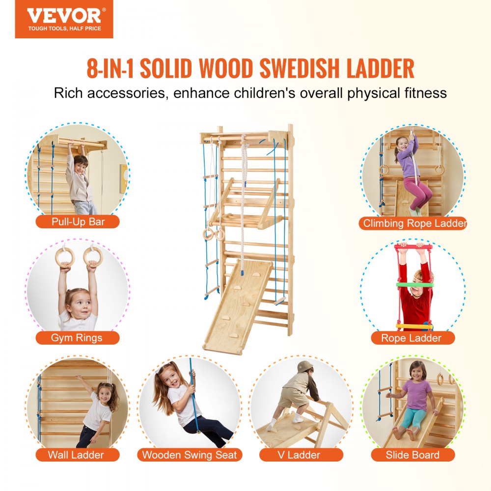 VEVOR Swedish Ladder Wall Gym, 8 in 1 Wooden Indoor Playground Climbing Toys, 220 lbs Load Capacity Swedish Wall Ladder with Pull-Up Bar, Gym Rings, Swing Seat, Rope Ladder, Wall Ladder, Slide Board