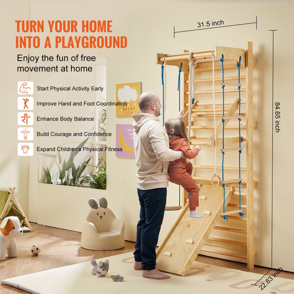 VEVOR Swedish Ladder Wall Gym, 8 in 1 Wooden Indoor Playground Climbing Toys, 220 lbs Load Capacity Swedish Wall Ladder with Pull-Up Bar, Gym Rings, Swing Seat, Rope Ladder, Wall Ladder, Slide Board