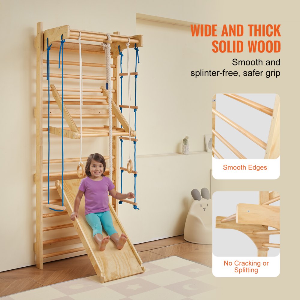 VEVOR Swedish Ladder Wall Gym, 8 in 1 Wooden Indoor Playground Climbing Toys, 220 lbs Load Capacity Swedish Wall Ladder with Pull-Up Bar, Gym Rings, Swing Seat, Rope Ladder, Wall Ladder, Slide Board