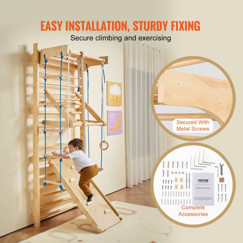 VEVOR Swedish Ladder Wall Gym, 8 in 1 Wooden Indoor Playground Climbing Toys, 220 lbs Load Capacity Swedish Wall Ladder with Pull-Up Bar, Gym Rings, Swing Seat, Rope Ladder, Wall Ladder, Slide Board