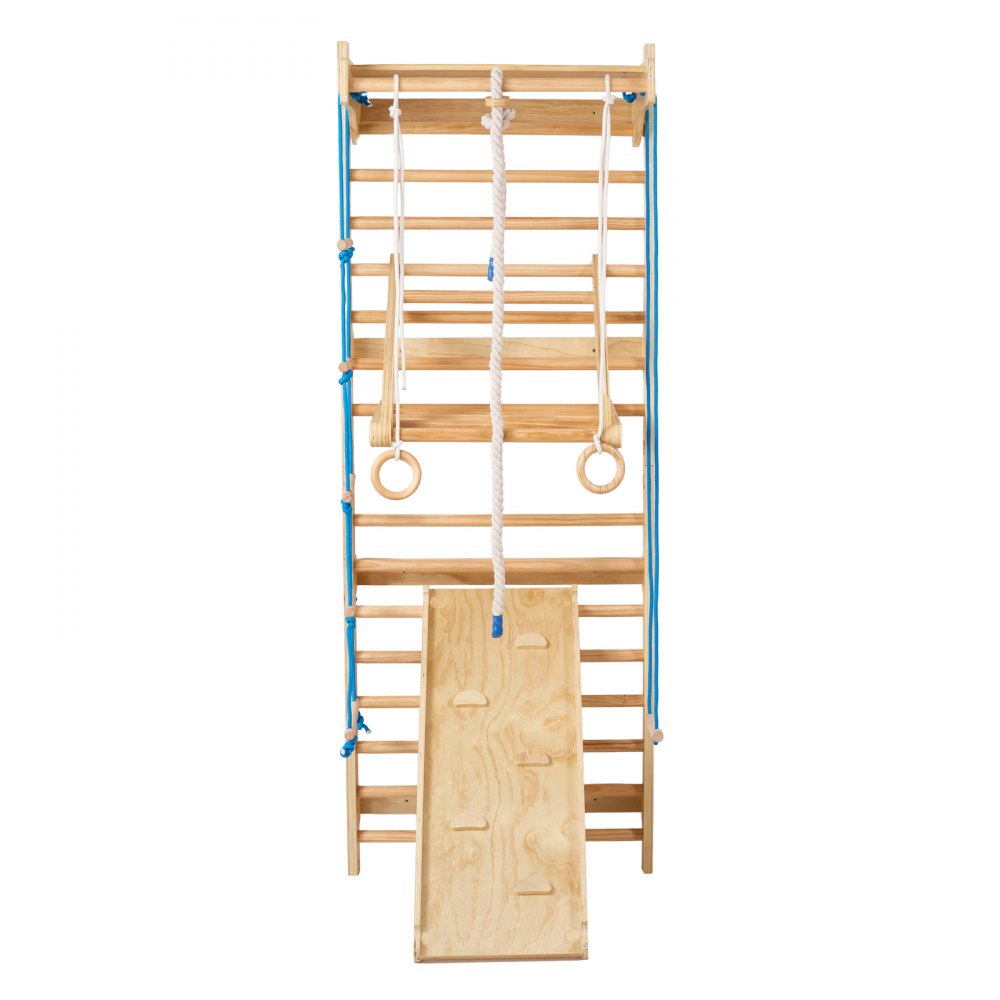 VEVOR Swedish Ladder Wall Gym, 8 in 1 Wooden Indoor Playground Climbing Toys, 220 lbs Load Capacity Swedish Wall Ladder with Pull-Up Bar, Gym Rings, Swing Seat, Rope Ladder, Wall Ladder, Slide Board