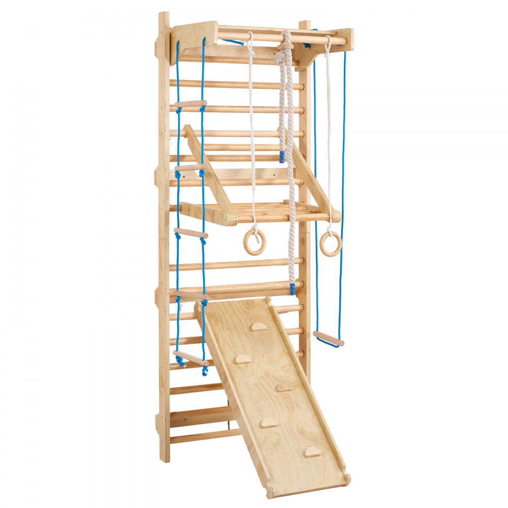 VEVOR Swedish Ladder Wall Gym, 8 in 1 Wooden Indoor Playground Climbing Toys, 220 lbs Load Capacity Swedish Wall Ladder with Pull-Up Bar, Gym Rings, Swing Seat, Rope Ladder, Wall Ladder, Slide Board