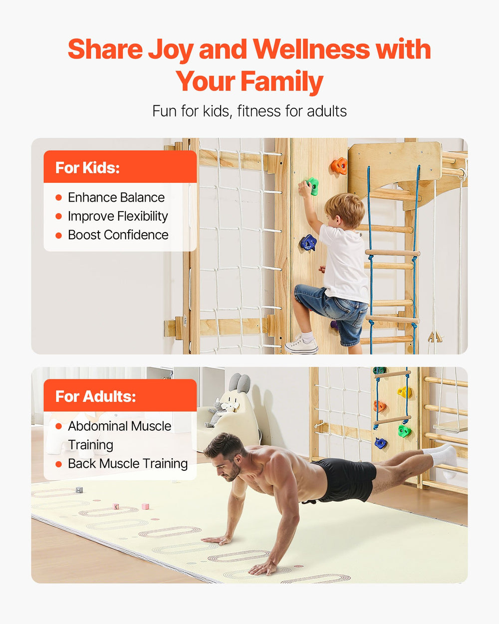 Share joy and wellness with your family (kids balance/flexibility/confidence; adults abdominal/back muscle training)
