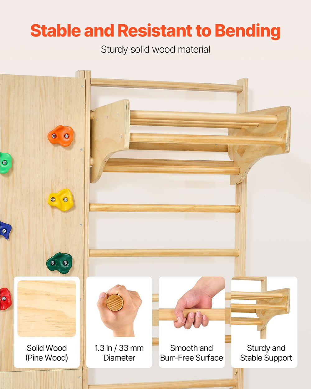 Stable and resistant to bending (solid pine wood, smooth burr-free surface, 1.3 in / 33 mm diameter rungs)