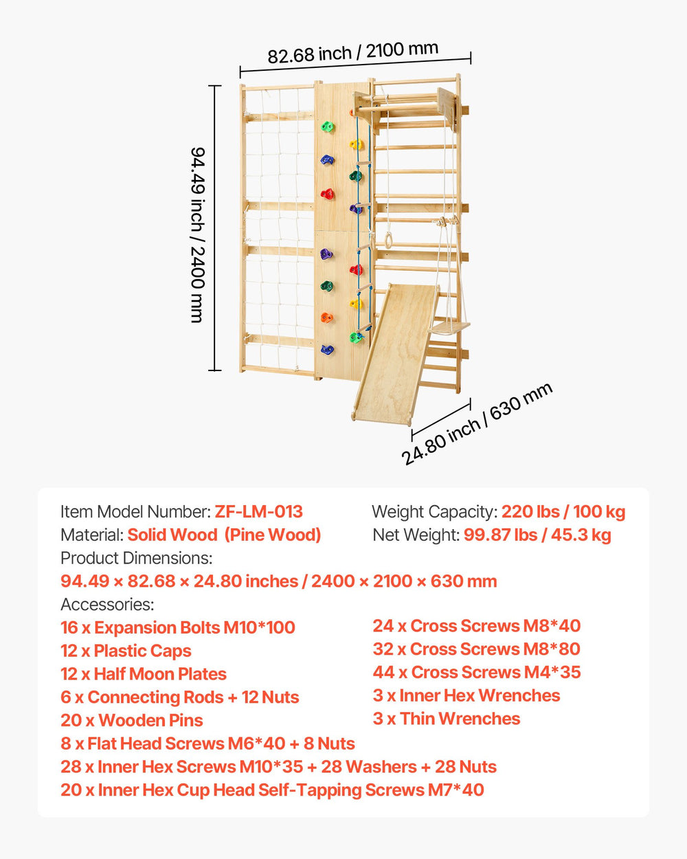 Product dimensions and included hardware/accessories list graphic