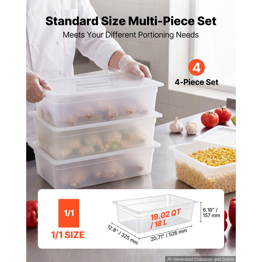 VEVOR 4-Pack Polypropylene Food Pans, Full Size, 6" Deep, Lid, Prep Table for Restaurants, Buffets and Salad Bars, Commercial Food Storage Containers, Dishwasher Compatible, Stackable, Scale Markings