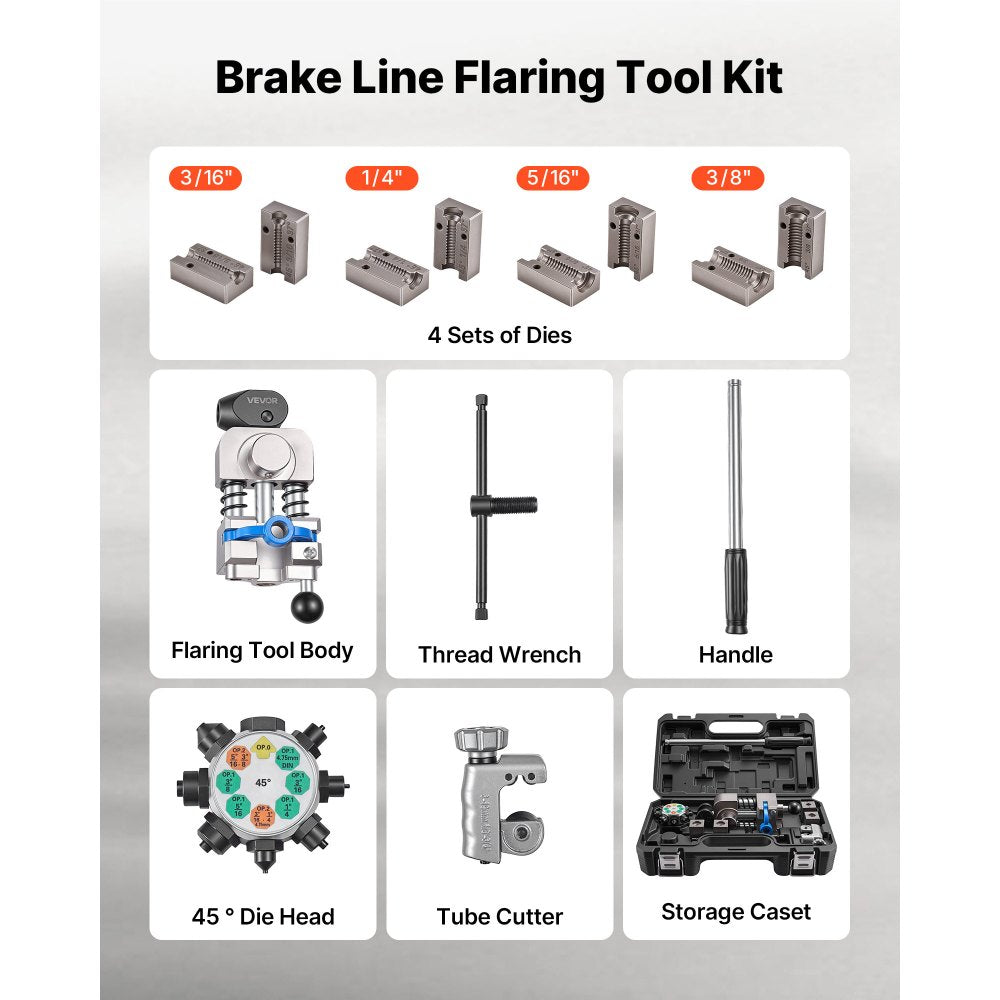 VEVOR Professional Brake Line Flaring Tool, 45 Degree Double Flare Bubble Flare Tool Kit for 3/16", 1/4", 5/16", 3/8" Copper Aluminum Thin Steel Tubes