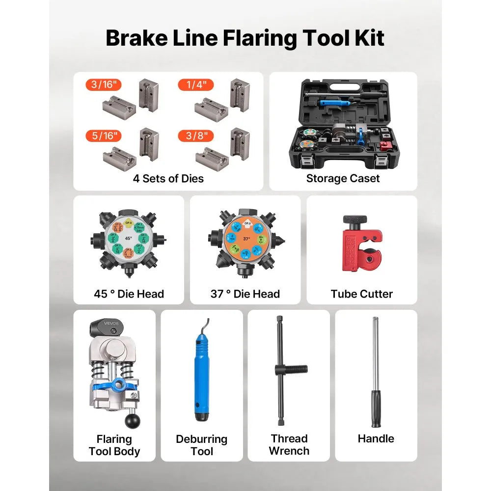 VEVOR Professional Brake Line Flaring Tool, 45 & 37 Degree Double Flare Bubble Flare Tool Kit for 3/16", 1/4", 5/16", 3/8" Copper Aluminum Thin Steel Tubes