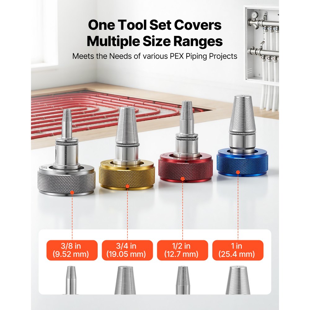 VEVOR PEX Pipe Expander Tool Kit, Manual Tubing Expansion Tool for 3/8", 1/2", 3/4", 1" PEX Pipes - with 4 Expanding Heads, Pipe Cutter & Carrying Case for Radiant Heating & Water Plumbing System